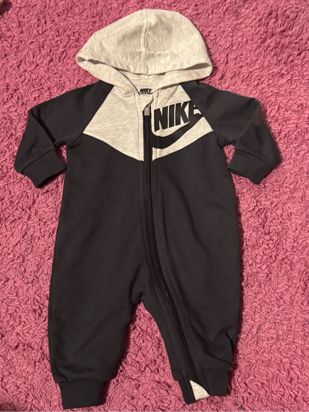 Nike Black and Light Gray Hooded Baby One-Piece